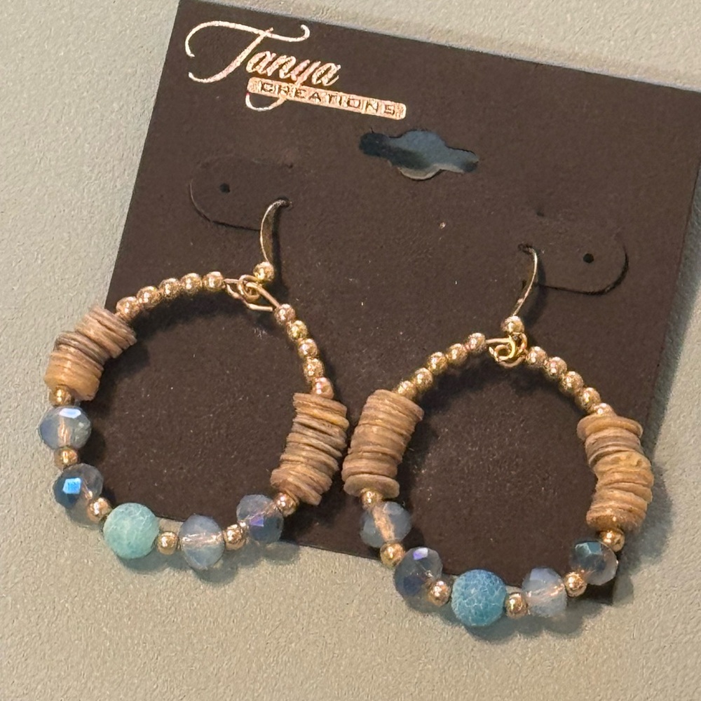 Blue and Gold Beaded Hoop Earrings 2 inch
